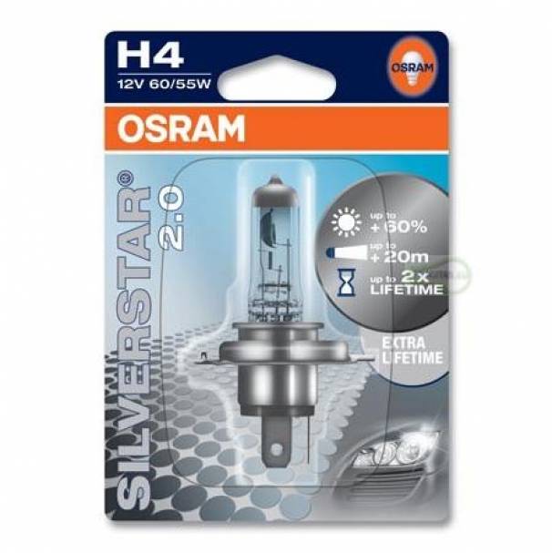 Лампа H4 12V 60/55W P43T SILVERSTAR 2.0 блистер (На 60% больше света, срок службы х2) OSRAM